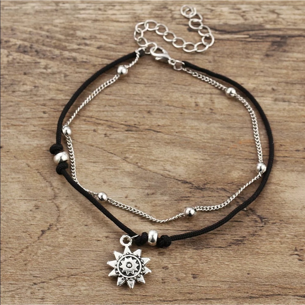 Nautical Compass Silver Toned Black Rope Anklet - Picture 2 of 3
